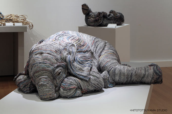 Elephant sculpture made from thousands of rolled newspapers. Elephant sculpture made from thousands of rolled newspapers.