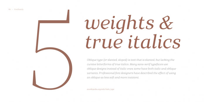 5 weights plus true Italics.