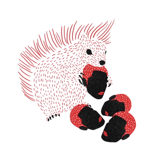 Instead of acorns, a squirrel nibbles small heads.