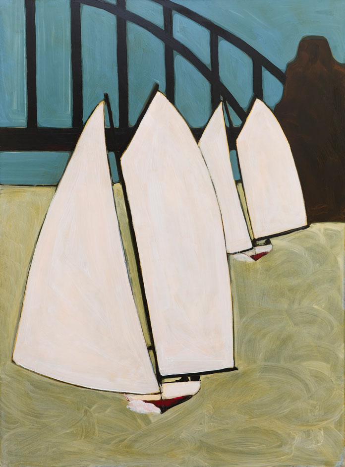Bridge and two boats, acrylic and shellac on board, 122 x 90 cm