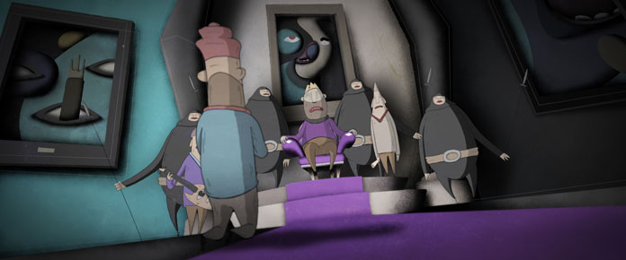 The king on his throne surrounded by his servants.