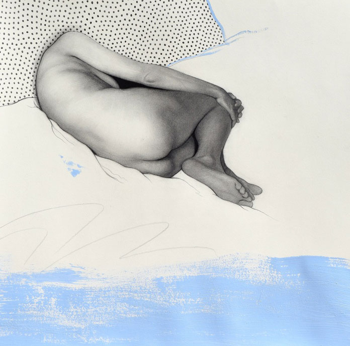 Combining minimalist drawing with photorealism.