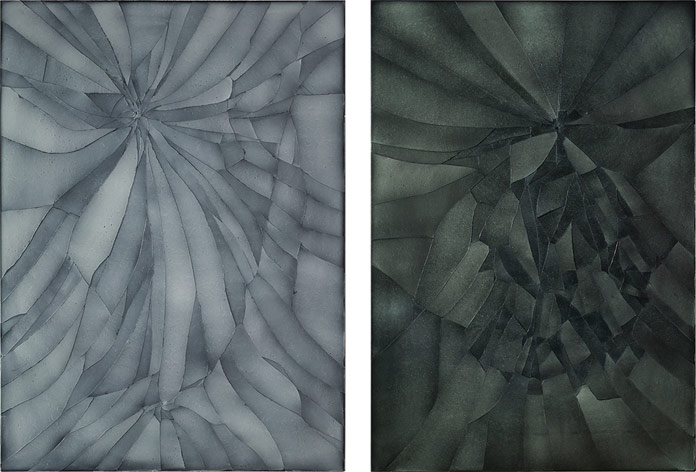 Nejat Sati – left: Cracks 7, 2016, acrylic on canvas, 80x110cm – right: Cracks 2, 2016, acrylic on canvas, 110x160cm Nejat Sati – left: Cracks 7, 2016, acrylic on canvas, 80x110cm – right: Cracks 2, 2016, acrylic on canvas, 110x160cm