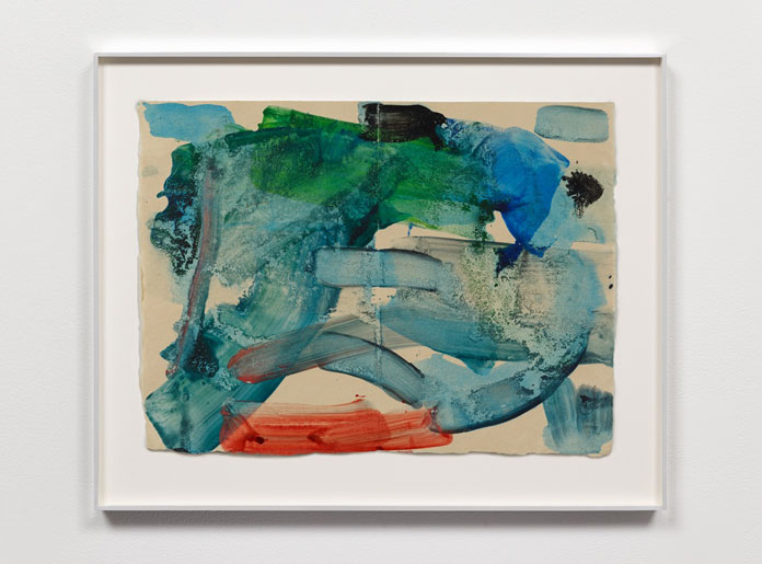 Mary Weatherford, Ocean, 2014, shellac ink, ocean water and sand on Gampi Torinoko, 15 x 20 inches (38.1 x 50.8 cm), framed 19 34 x 24 12 x 1 12 inches (50.2 x 62.2 x 3.8 cm).