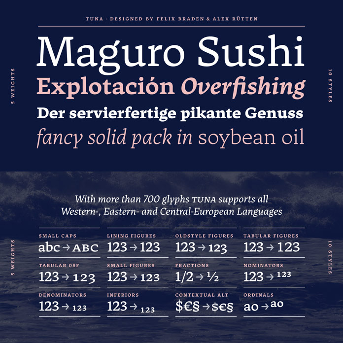 Tuna fonts: 5 fonts in 10 styles, 700 glyphs and lots of OpenType features.