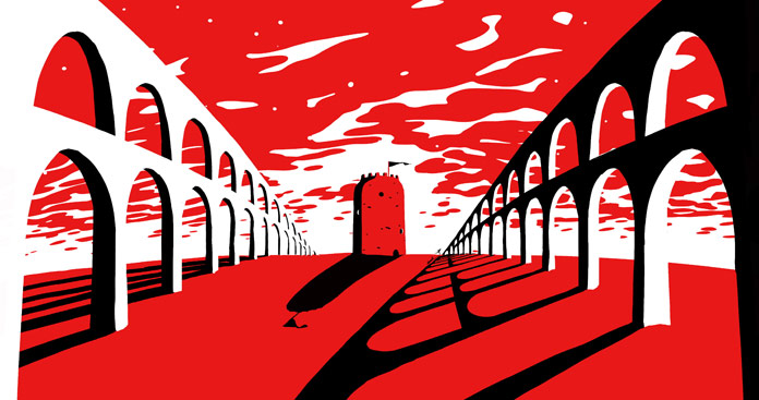 The complete film is draped in deep reds and bright whites.