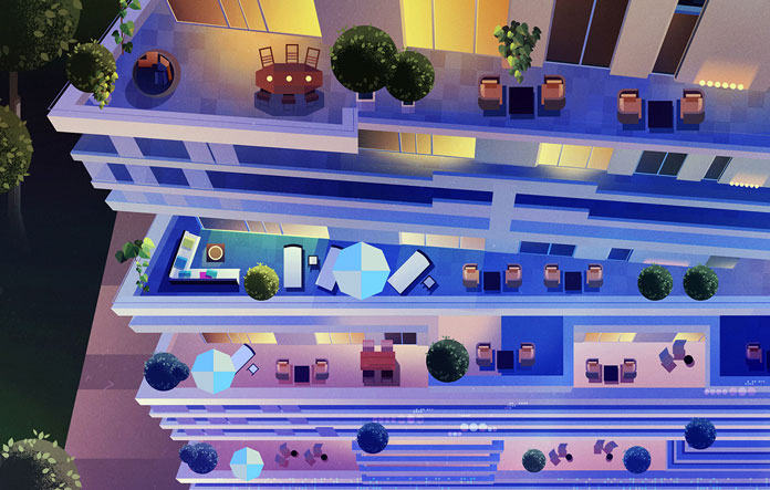 James Gilleard Illustrations, Bird's eye view of several superimposed terraces. James Gilleard Illustrations, Bird's eye view of several superimposed terraces.