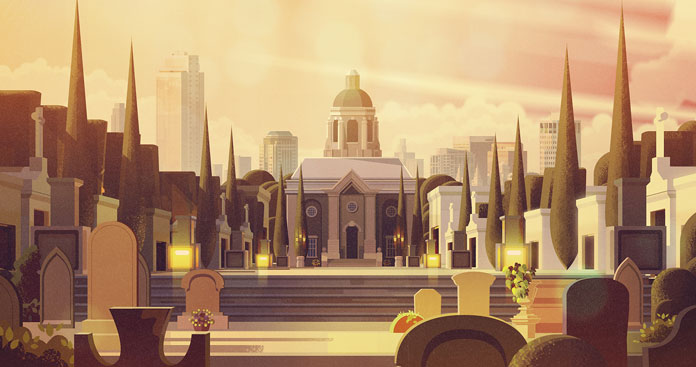 James Gilleard Illustrations, Cemetery in front of the city. James Gilleard Illustrations, Cemetery in front of the city.