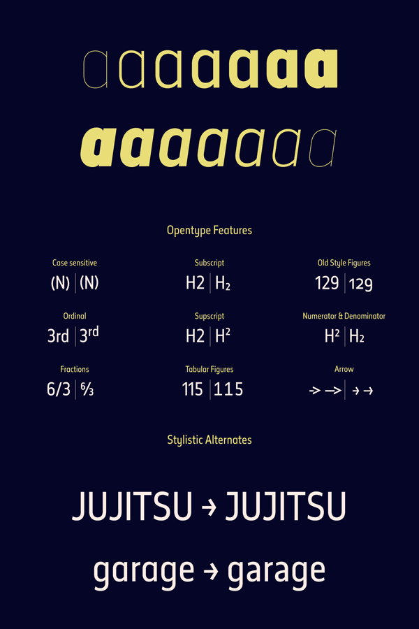 Elysio font family from Type Dynamic with OpenType features and stylistic alternates