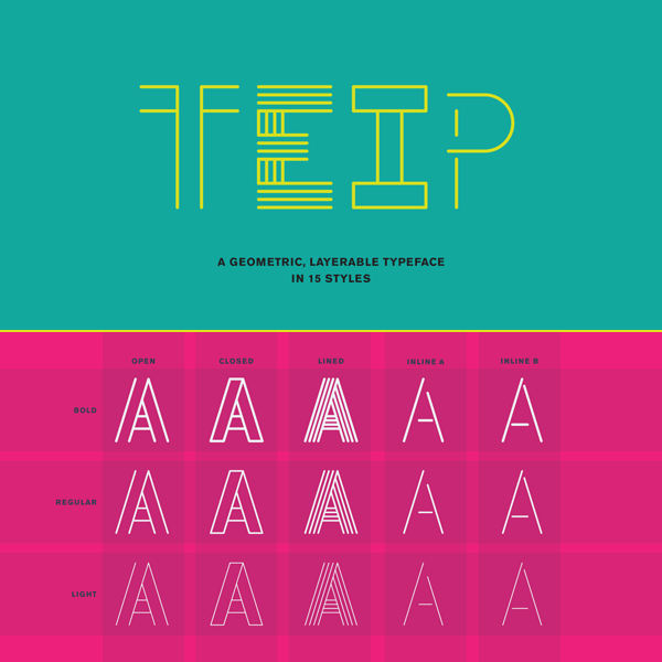 Teip, a geometric layerable typeface system in 15 styles by Alex Jacque. Teip, a geometric layerable typeface system in 15 styles by Alex Jacque.