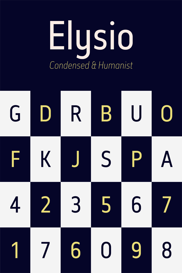 The Elysio font family, a condensed and humanist sans serif typeface