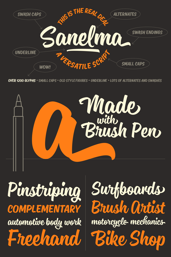 Sanelma, a versatile brush script typeface by Mika Melvas.
