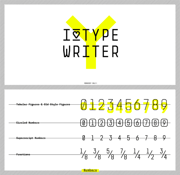 Some of Monostep's countless OpenType features and number options.