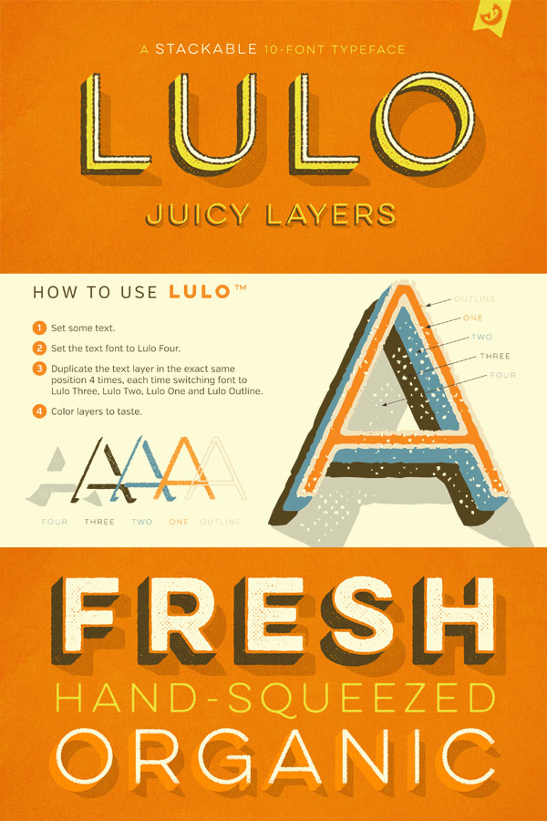 Lulo, a stackable 10-font typeface with textures and 3-dimensional layer effects.