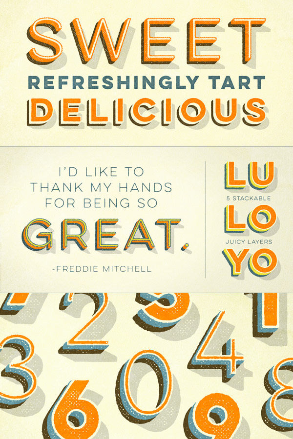 The Lulo font family, a layered typeface with 10 styles and a nice retro look from Yellow Design Studio.