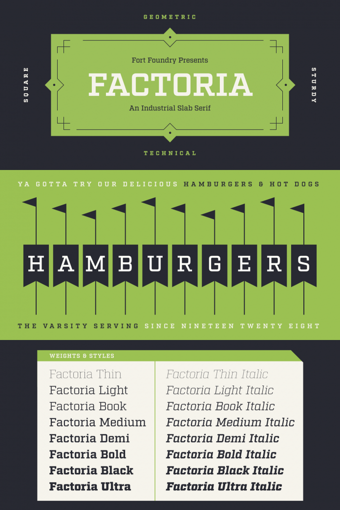 Factoria, a geometric and square slab serif font family by Mattox Shuler of Fort Foundry.