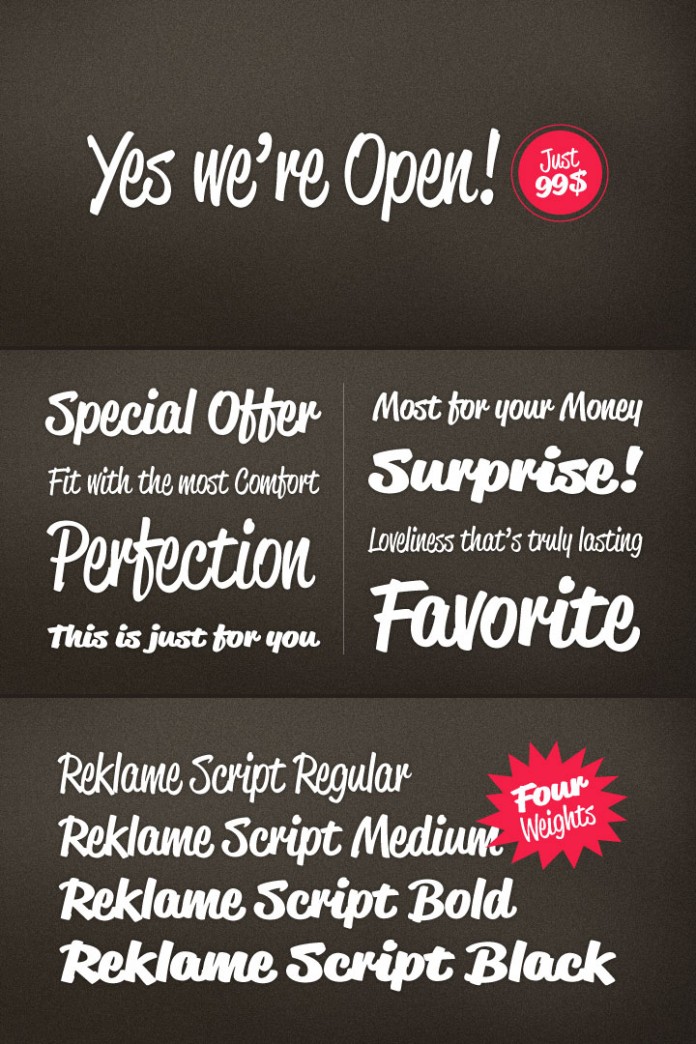 Reklame Script font family by Hannes von Döhren (HVD Fonts).