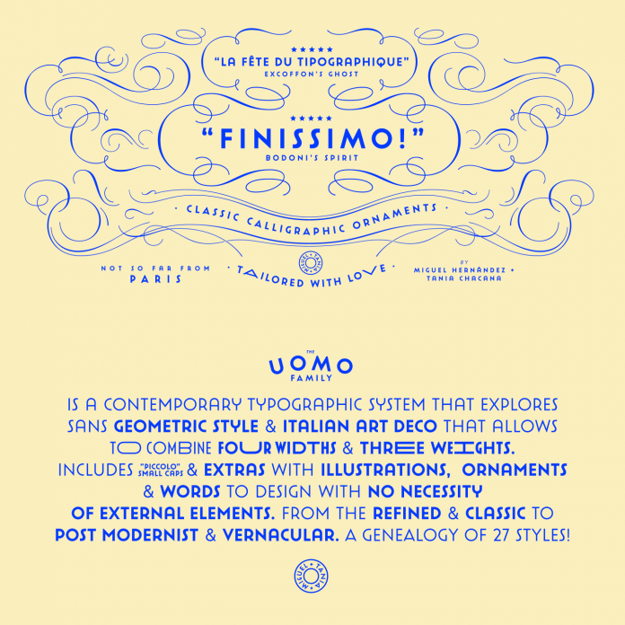 The font system combines sans geometric styles and Italian art deco.