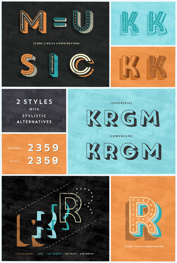 The Core Circus Rough font, a textured layered type family with different styles, options, and stylistic alternates.
