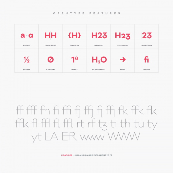 Numerous OpenType features and a list of all included ligatures.