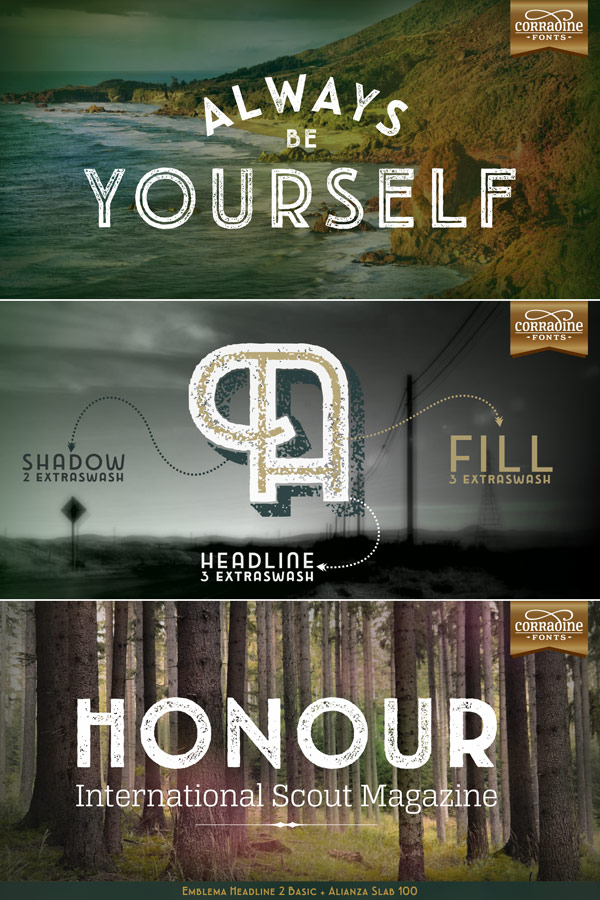 The Emblema Headline fonts are well suited for vintage inspired titling with a worn look.