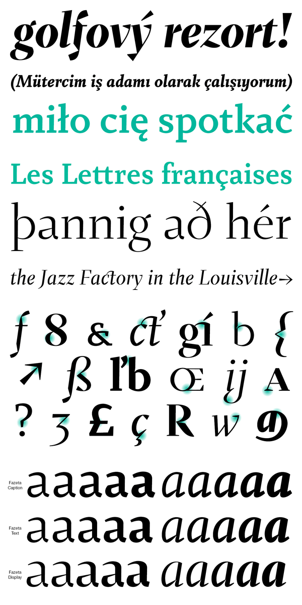 Type and text samples as well as comparison between Fazeta Caption, Fazeta Text, and Fazeta Display.