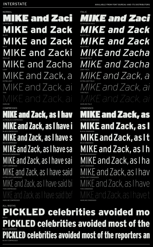 An overview of the Interstate font family with its diverse weights (ranging from Hairline to Ultra Black) and widths including Normal, Compressed, and Condensed.