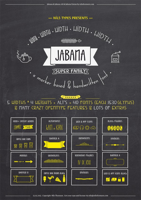 Jabana, a stylish font family of 5 widths, 4 weights, several alternate characters plus lots of OpenType features and extras.