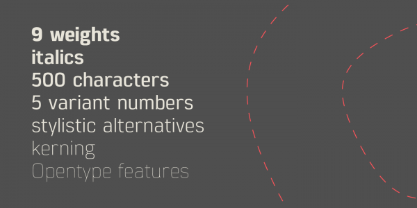 9 weights plus italics, 500 characters, 5 variant numbers, stylistic alternatives, kerning, OpenType features.