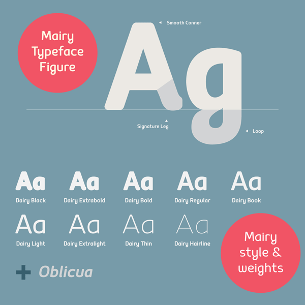Typeface figures with smooth corners, signature legs, and loops as well as an overview of styles and weights.
