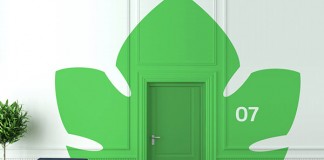 Interior branding proposal with a decorative logo wall design.