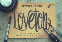 The Loveton typeface is a hand drawn, swirly script font with a vertical body.