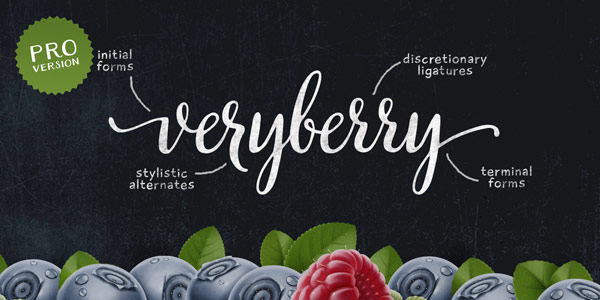 Veryberry Pro, a handwritten script font by Elena Genova with a unique character.