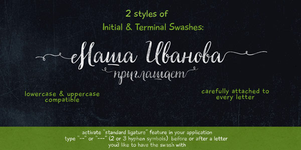 2 styles of initial and terminal swashes with lowercase and uppercase compatibility.