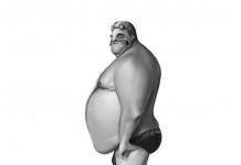 Fat and bald man on the beach.