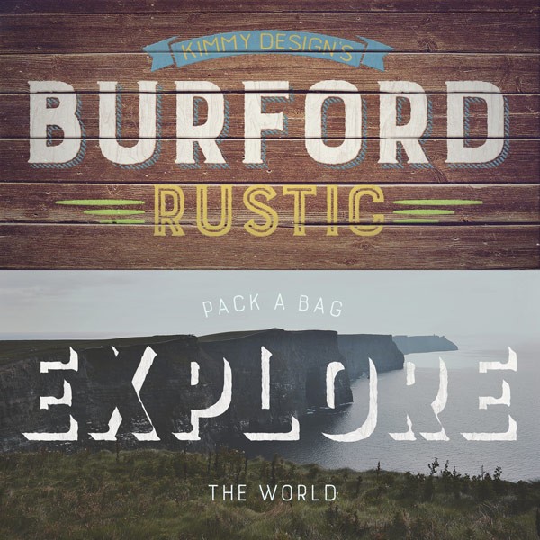 Decorative type samples on different backgrounds.