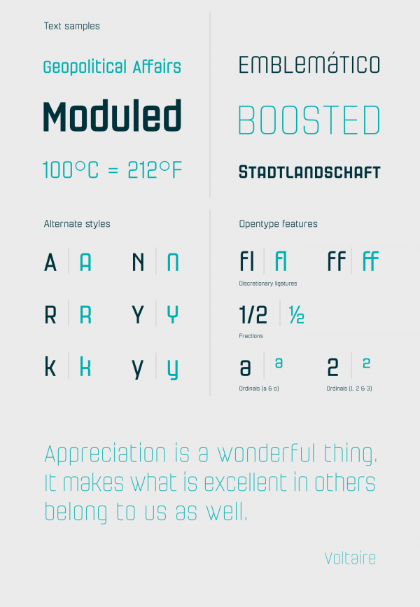 The Necia fonts were designed by Pablo Balcells in 2014. The family comprises 8 styles, alternate letters, and diverse OpenType features.