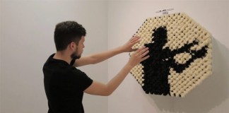 The PomPom Mirror by Daniel Rozin at bitforms gallery in New York.