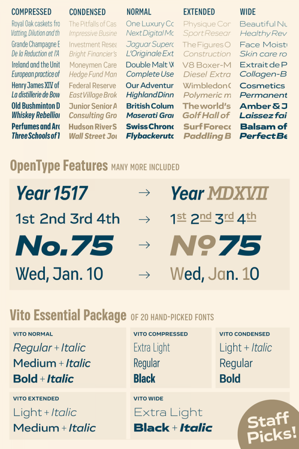 The Vito font family includes 5 widths in 6 weights plus Italics and a bunch of OpenType features. The Vito font family includes 5 widths in 6 weights plus Italics and a bunch of OpenType features.