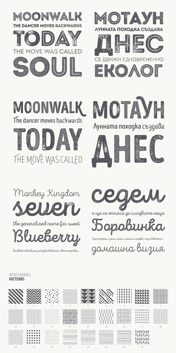 The Intro Rust font family is equipped with so many rough styles, alternate versions, and a nice set of patterns.