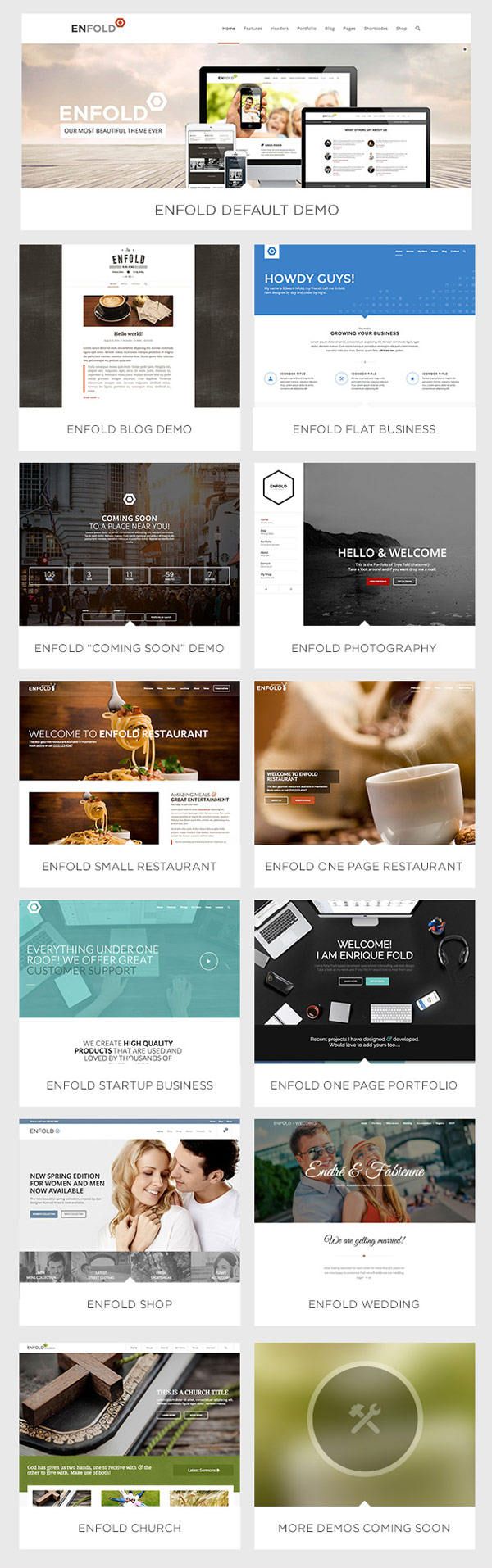 Enfold, a responsive WordPress theme for multi-purpose and numerous demo versions included.