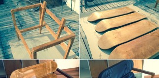 A very creative do-it-yourself project by Carlos Cardoso – He has created a chair of pine wood and some blank skateboard decks.