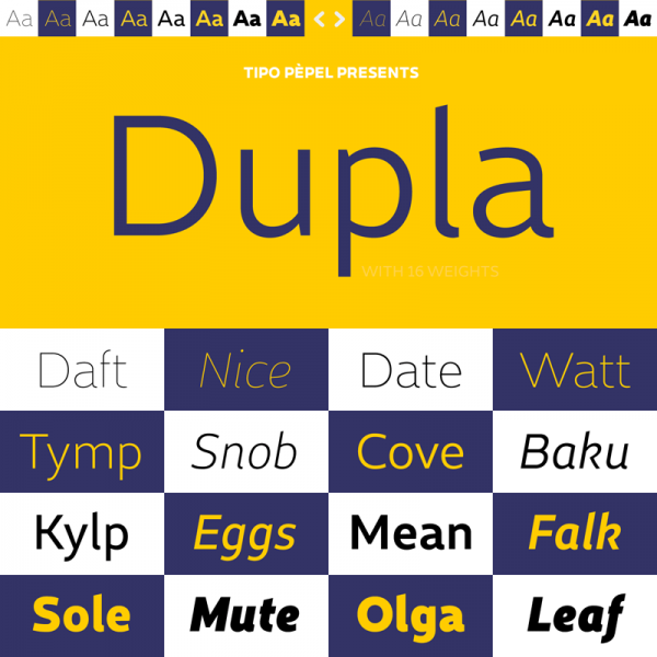 Dupla, a grotesk sans serif font family designed in 2015 by Josep Patau of foundry Tipo Pèpel.