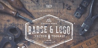 Vintage worn badge and logo vector toolkit with illustrations, frames, brushes, templates, textures, and sunbursts.