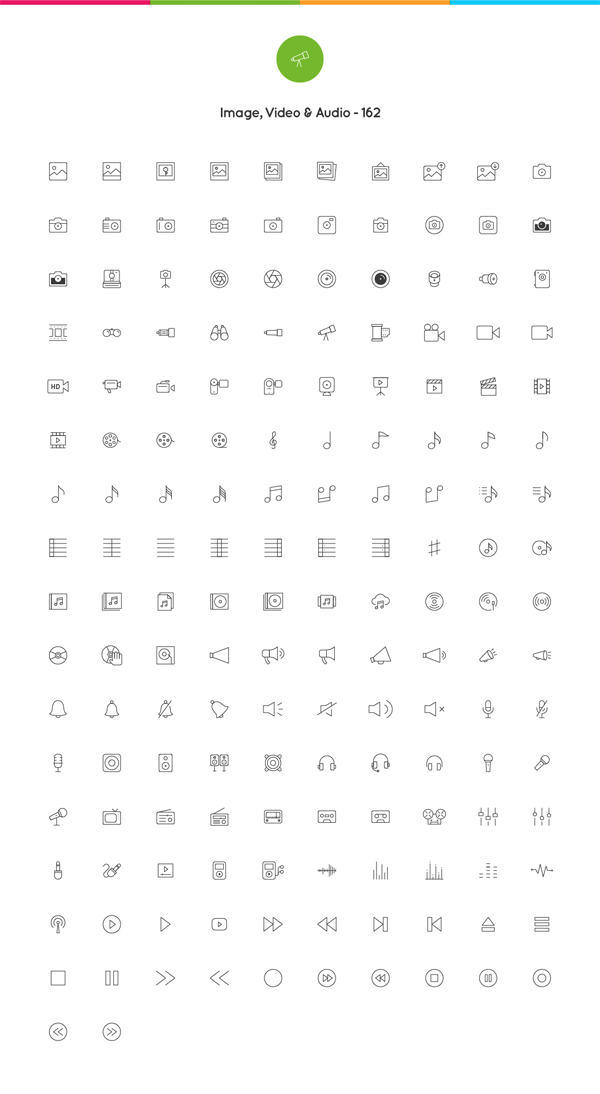 162 image, video and audio line icons.