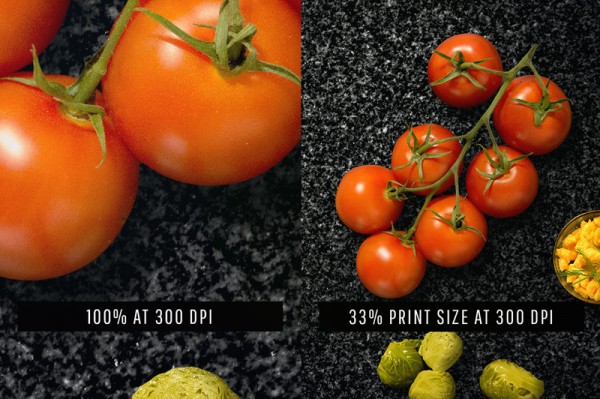 Examples of 100% at 300 dpi and 33% print size at 300 dpi. Examples of 100% at 300 dpi and 33% print size at 300 dpi.