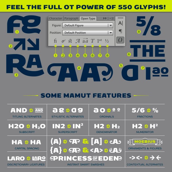 550 glyphs and several OpenType features. 550 glyphs and several OpenType features.