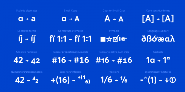 The great set of professional OpenType features. The great set of professional OpenType features.