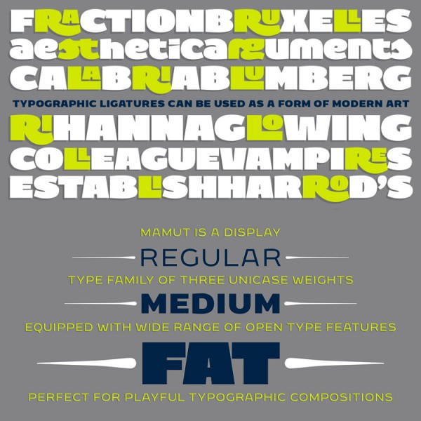 The Mamut font family is equipped with 3 weights and stylish ligatures plus countless OpenType features. The Mamut font family is equipped with 3 weights and stylish ligatures plus countless OpenType features.