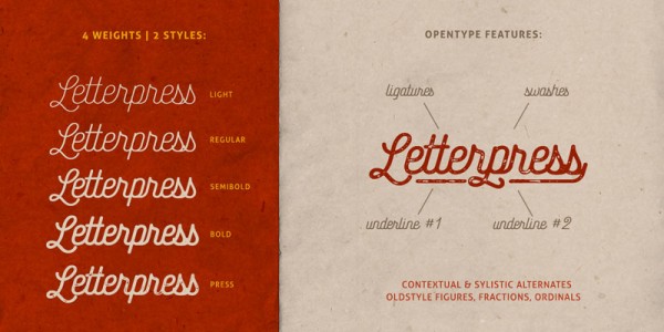 The family is equipped with 4 weights and 2 styles as well as several OpenType features such as Ligatures, Swashes, Unterlines, and many more.